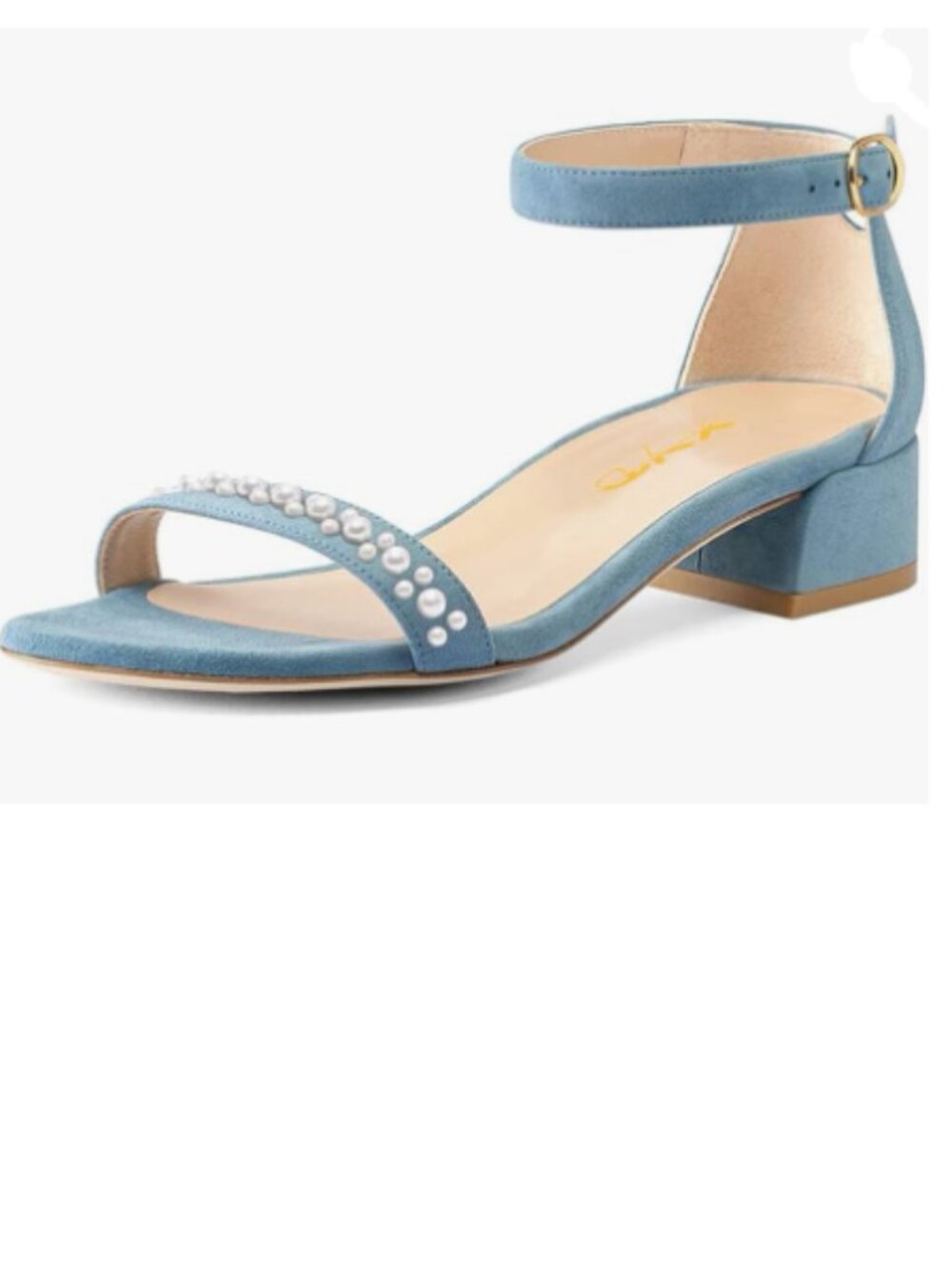 XYD Sky Blue Pearls Open Toe Low Block Heel Sandal Ankle Strap with Buckle